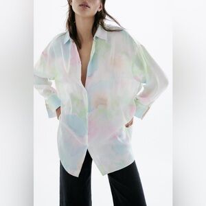 ZARA Pastel Tie Dye Satin Effect Long Sleeve Button Down Shirt Blouse Medium